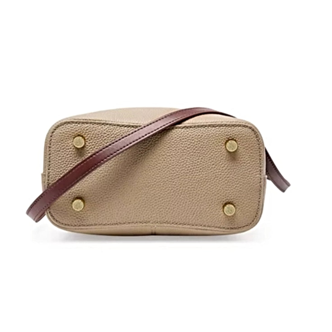 Luxe Bucket Carry beige luxury genuine leather handbag bottom view with premium gold rivet feet and elegant leather strap