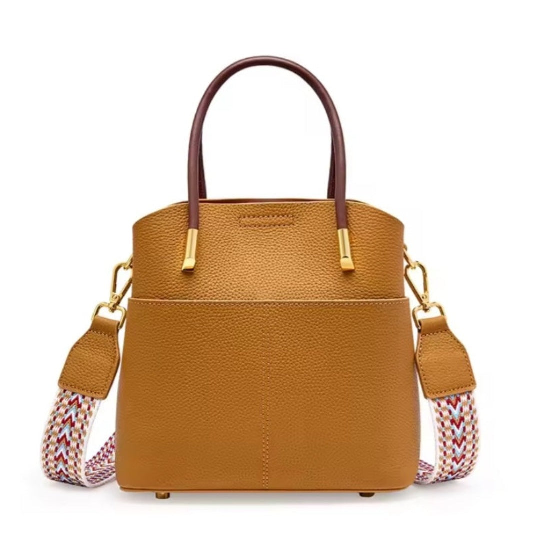 Luxe Bucket Carry brown structured luxury genuine leather handbag with dual straps magnetic closure upscale elegant tote