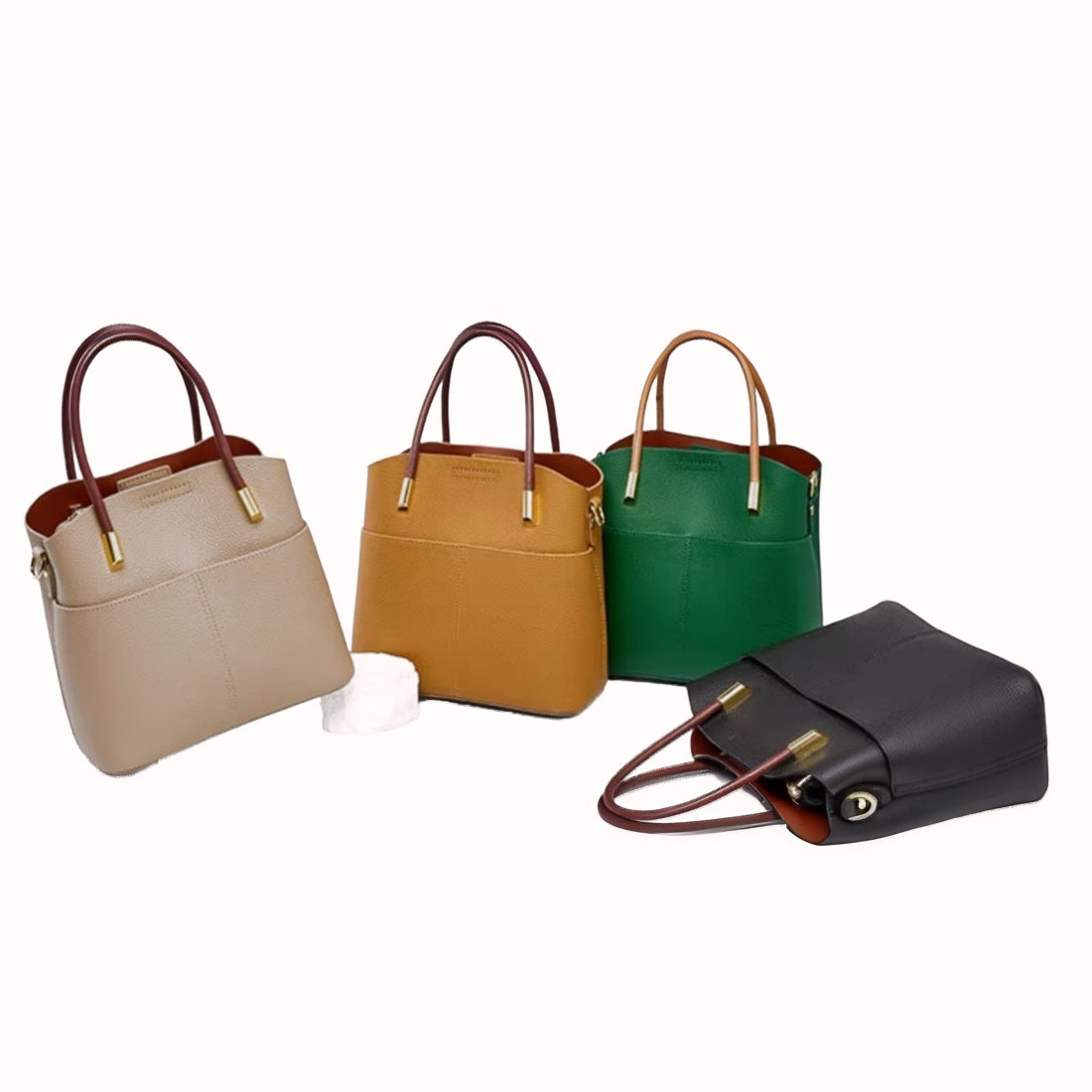 Luxe Bucket Carry brown structured luxury genuine leather handbag with dual straps magnetic closure upscale elegant tote
