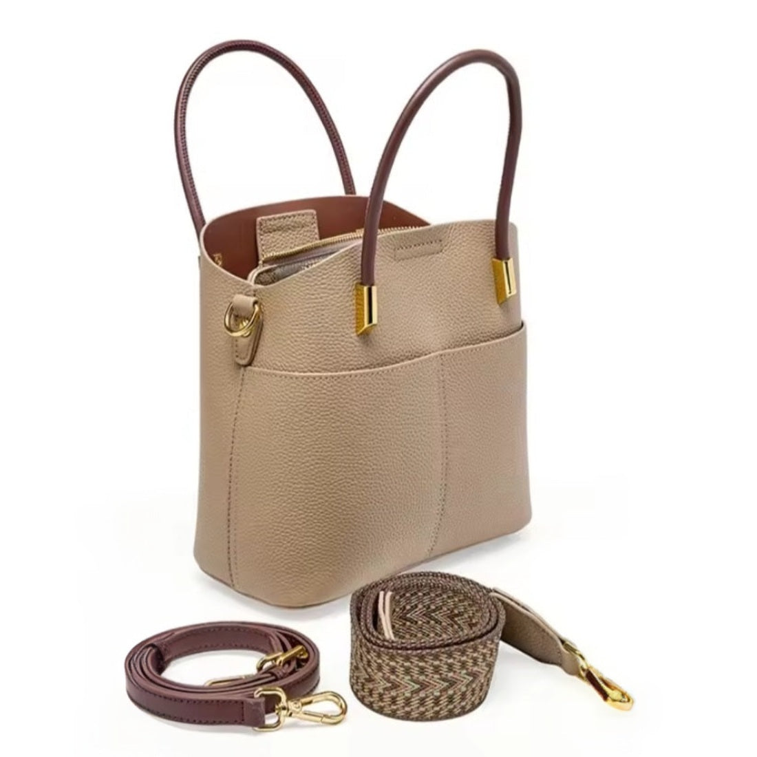 Luxe Bucket Carry beige luxury genuine leather handbag with upscale gold hardware shown with premium detachable woven strap and elegant adjustable leather strap
