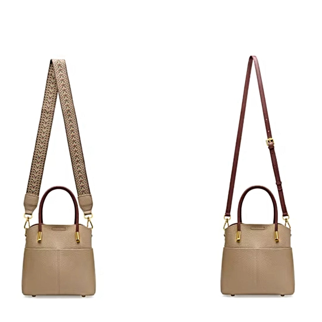 Luxe Bucket Carry beige luxury handbag with two upscale detachable straps wide woven crossbody strap and slim adjustable elegant leather strap