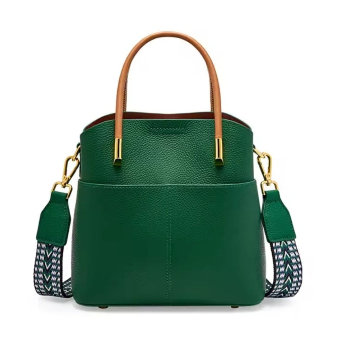 Luxe Bucket Carry green structured genuine luxury leather handbag with brown handles elegant gold accents upscale stylish tote