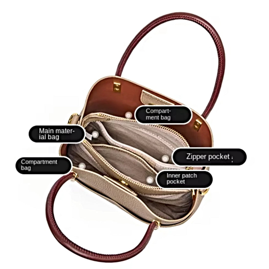 Luxe Bucket Carry luxury genuine leather handbag interior view showing multiple compartments zipper pocket and organized layout for essentials
