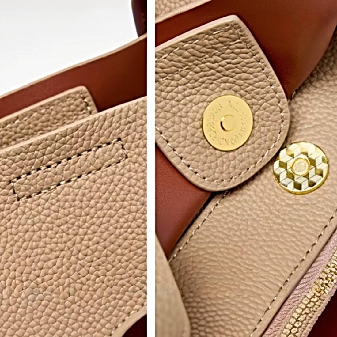 Luxe Bucket Carry luxury handbag close up of upscale gold tone snap closure and precision stitching on premium genuine leather