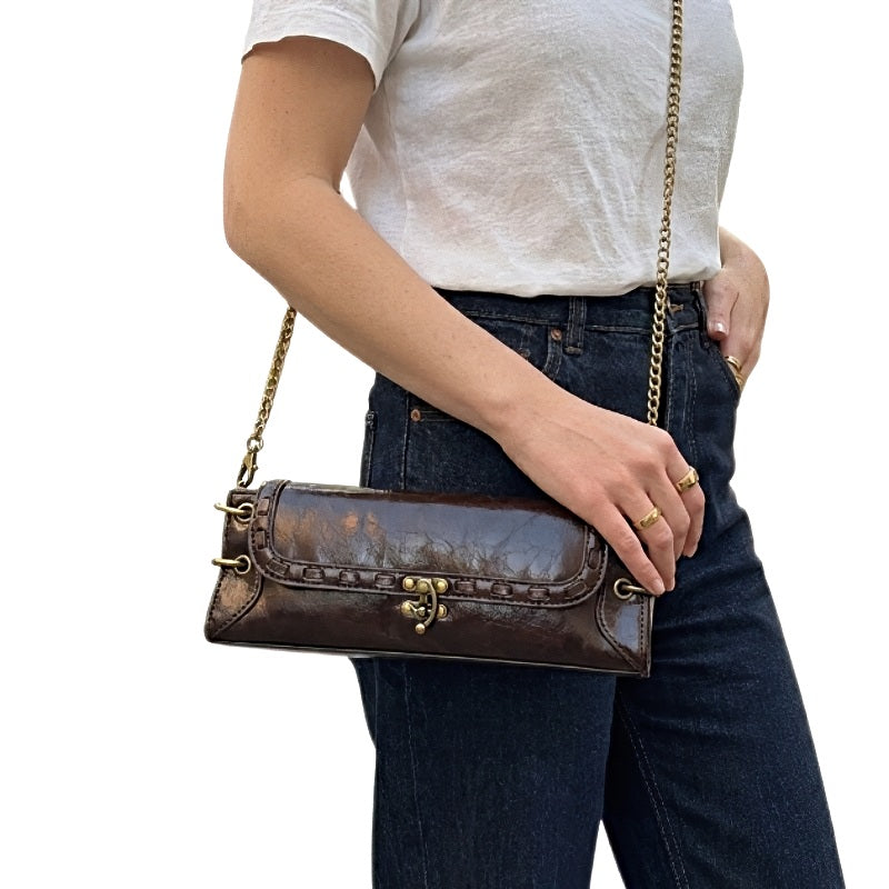 Luxe Chain Carry Crossbody women’s brown leather crossbody bag with brass chain strap
