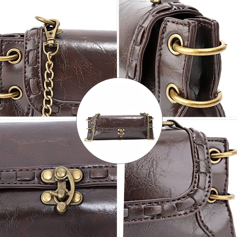 Luxe Chain women’s clutch bag, dark brown vegan leather with brass chain strap and clasp details