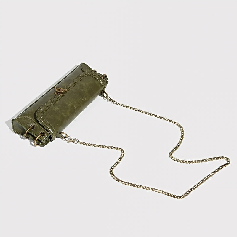 Luxe Chain Carry women's olive green vegan leather clutch bag with brass chain strap