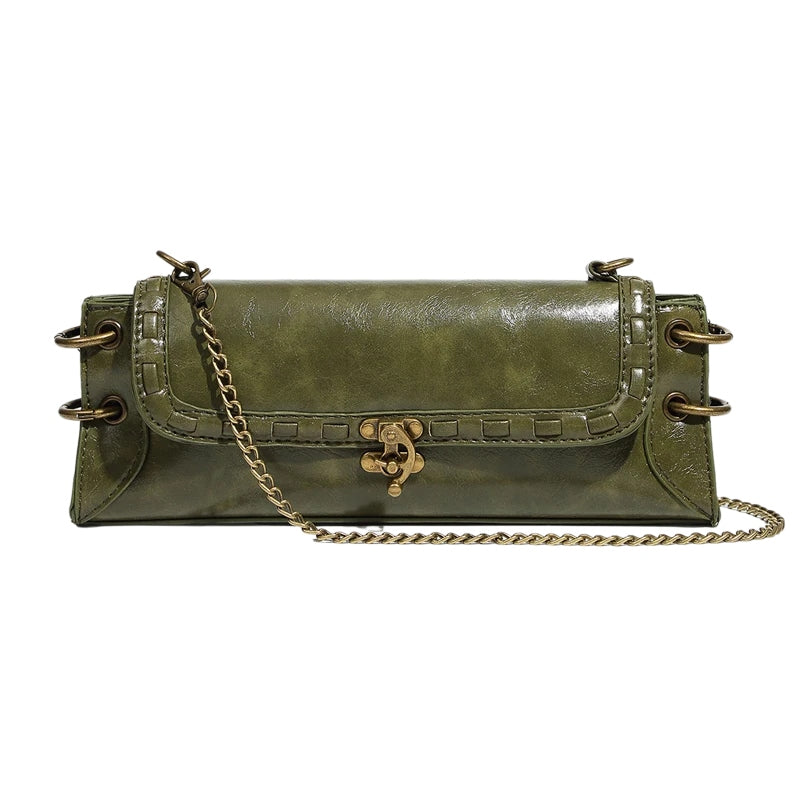 Luxe Chain Carry women’s green vegan leather clutch bag with brass chain strap