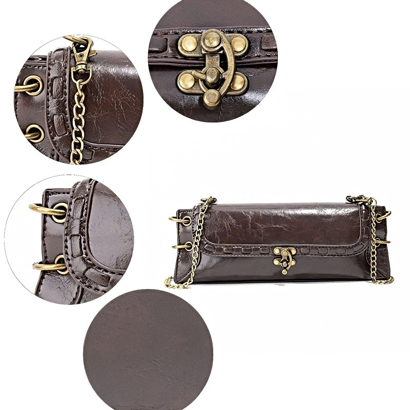 Luxe Chain Carry women’s clutch bag in dark brown vegan leather with brass chain strap and hasp closure