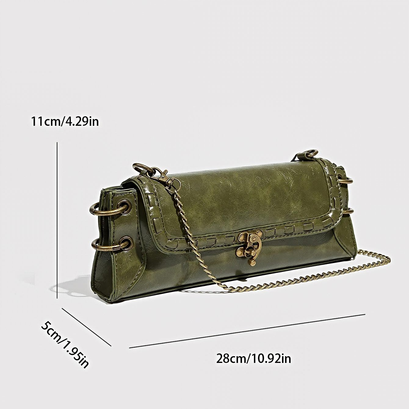 Luxe Chain Carry women’s vegan leather shoulder bag in olive green with chain strap and measurements shown