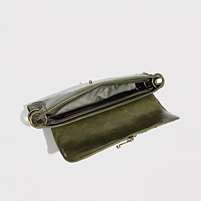 Luxe Chain Carry women’s shoulder bag in olive green vegan leather, open to show interior compartments