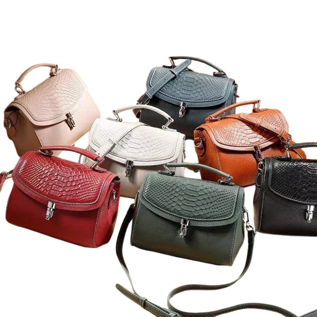 Luxe Croc Carry structured silhouette elegant everyday upscale luxury genuine leather purse in upscale premium colors black white beige blue green orange with detachable adjustable strap