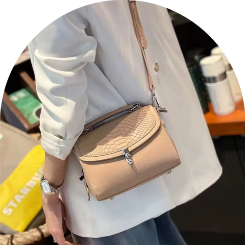Homepage Luxe Croc Carry premium leather top-handle carry styled with chic outfit with detachable adjustable strap
