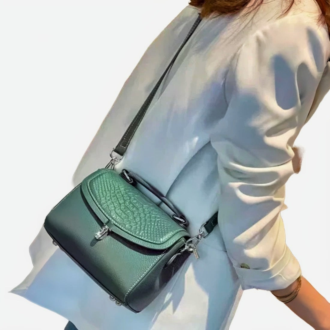 Luxe Croc Carry model wearing crossbody luxury genuine leather purse lightweight design with detachable adjustable strap