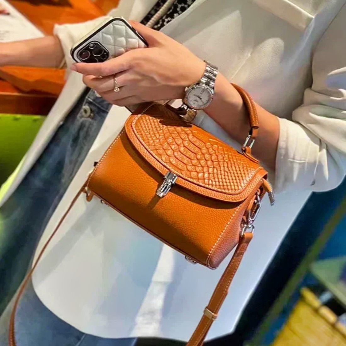 Luxe Croc Carry premium leather top-handle carry styled with chic outfit with detachable adjustable strap