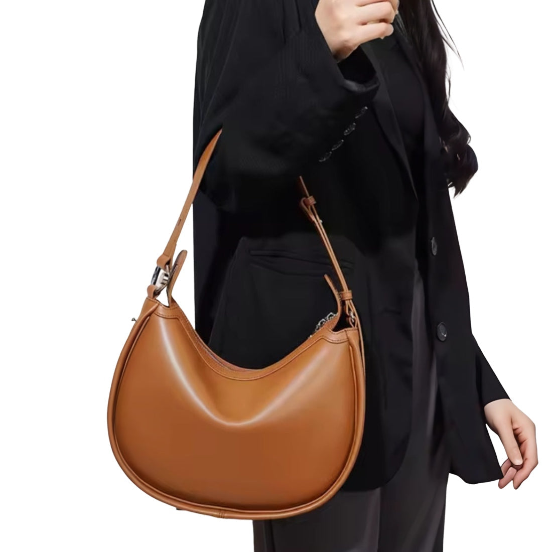 Urban Luxe Hobo brown luxury leather handbag styled on model
