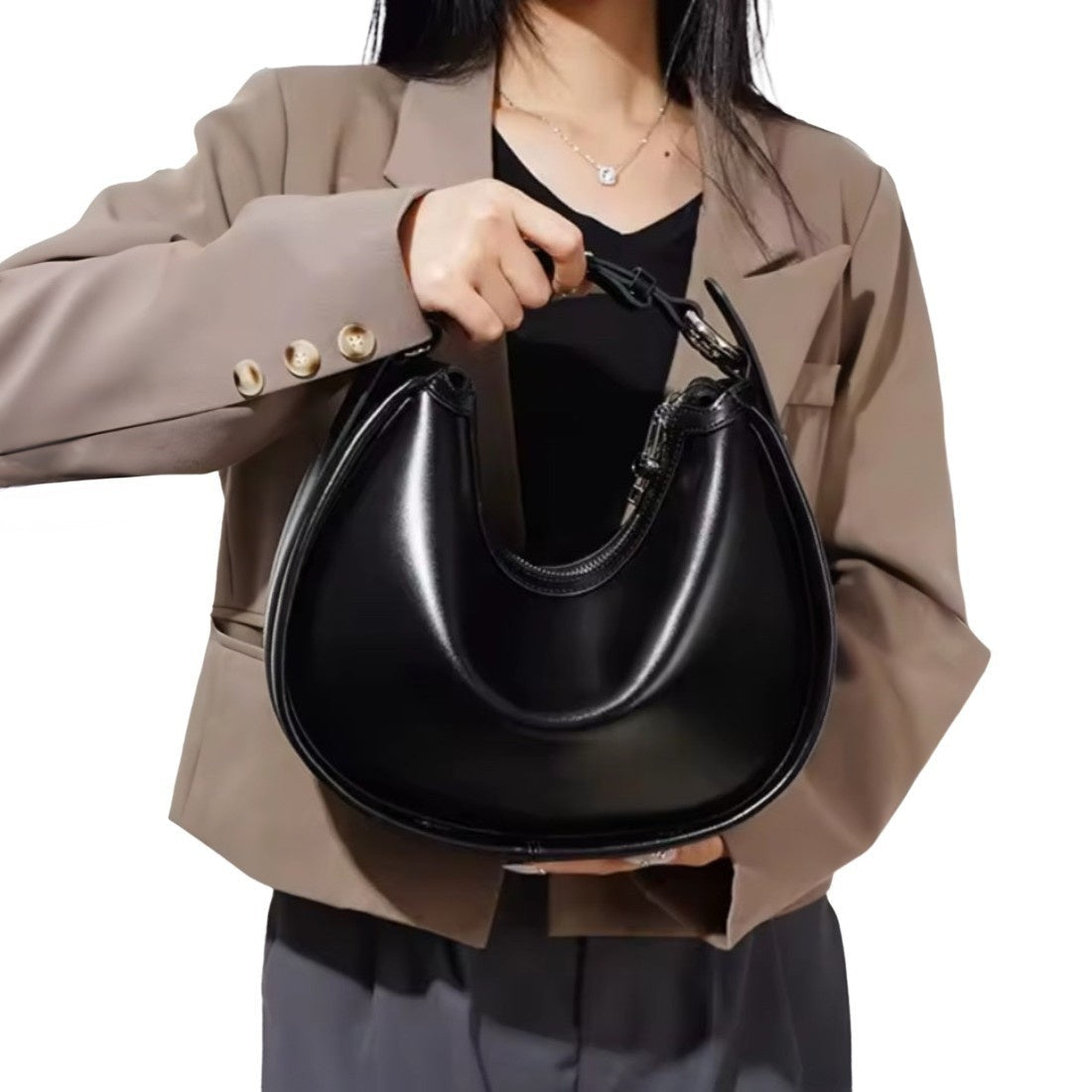 Urban Luxe Hobo black premium luxury leather shoulder bag worn by hand