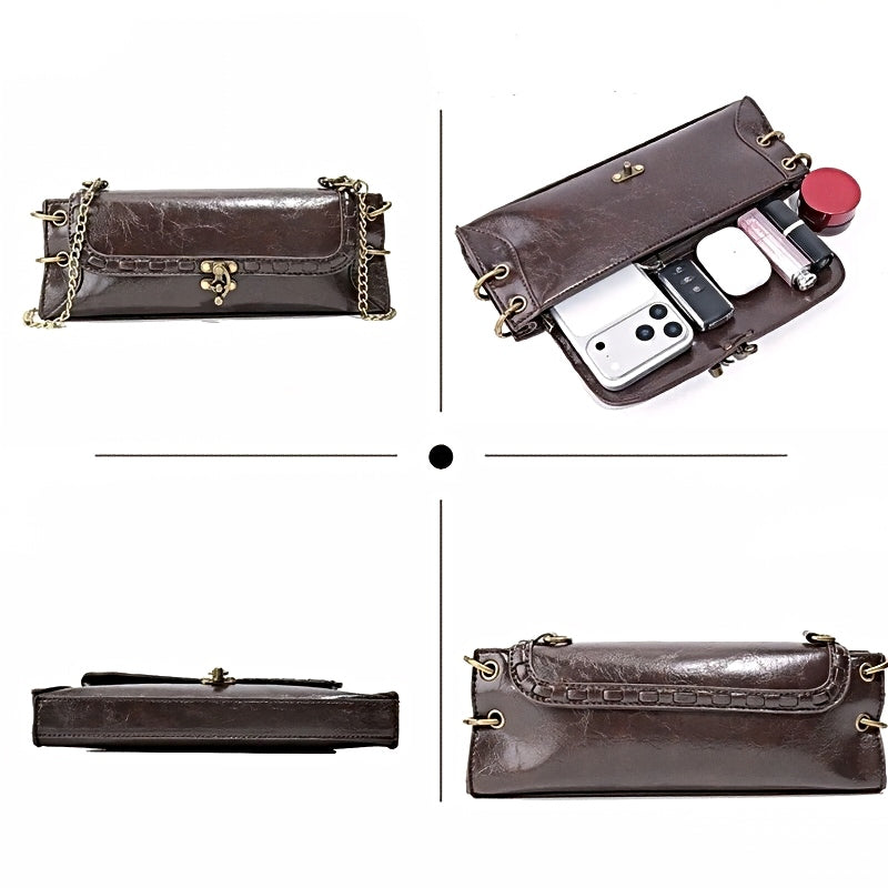 Luxw Chain Carry women’s brown leather clutch bag with chain strap, shown closed, open with contents, side, and back views.