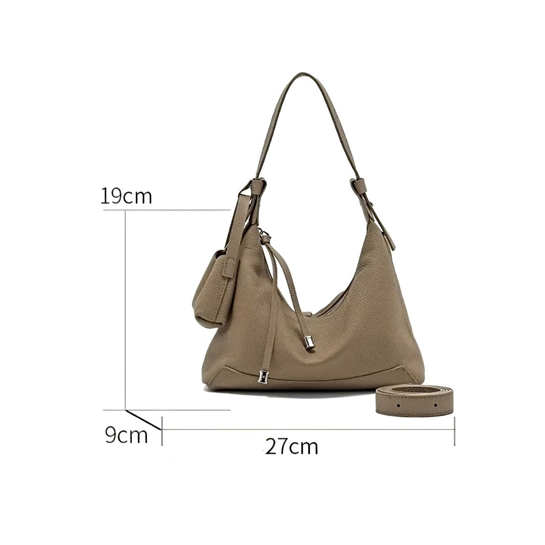 Metro Leather Hobo women’s shoulder bag with coin pouch and strap in taupe leather with measurements 27x19x9 cm