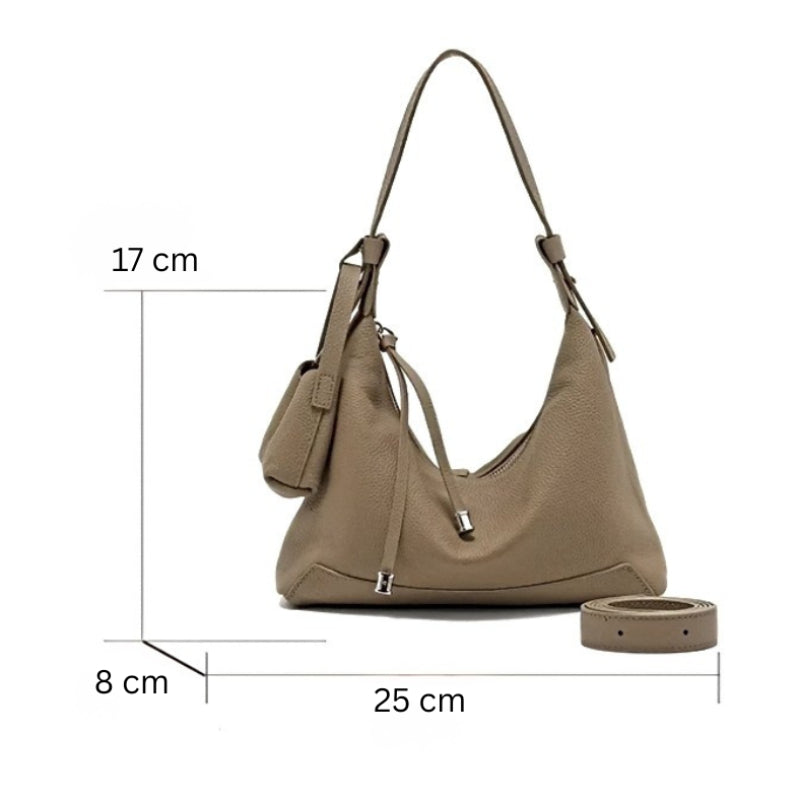 Metro Leather Hobo women’s shoulder bag with coin pouch and strap in taupe leather with measurements 25x17x8 cm