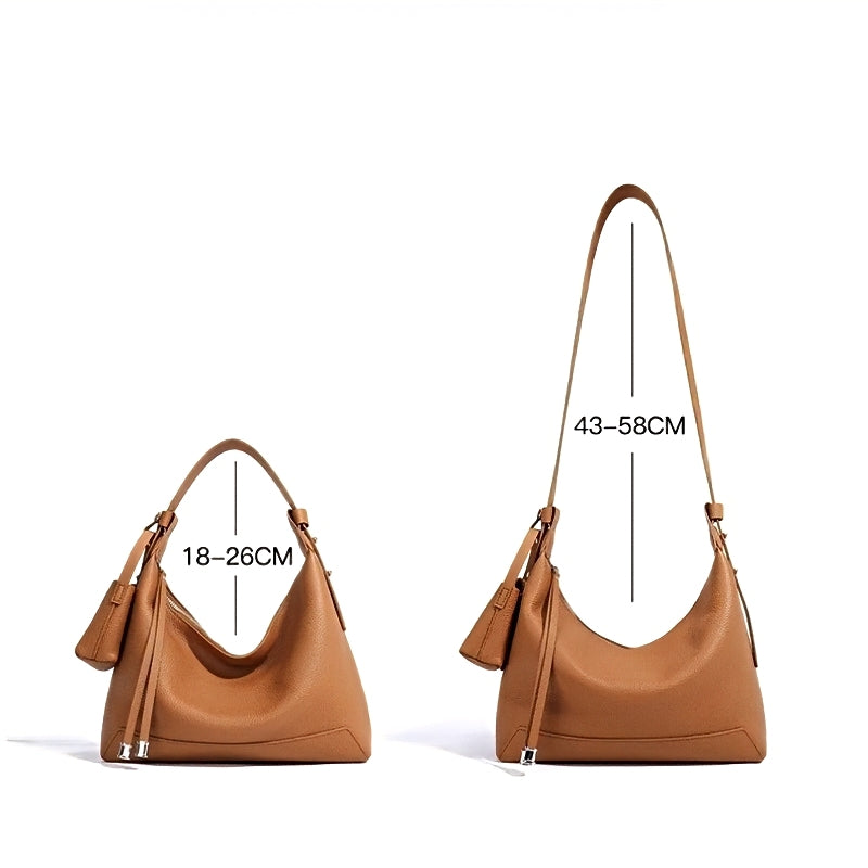 Metro Leather Hobo women’s shoulder bag in tan, shown with adjustable strap lengths.