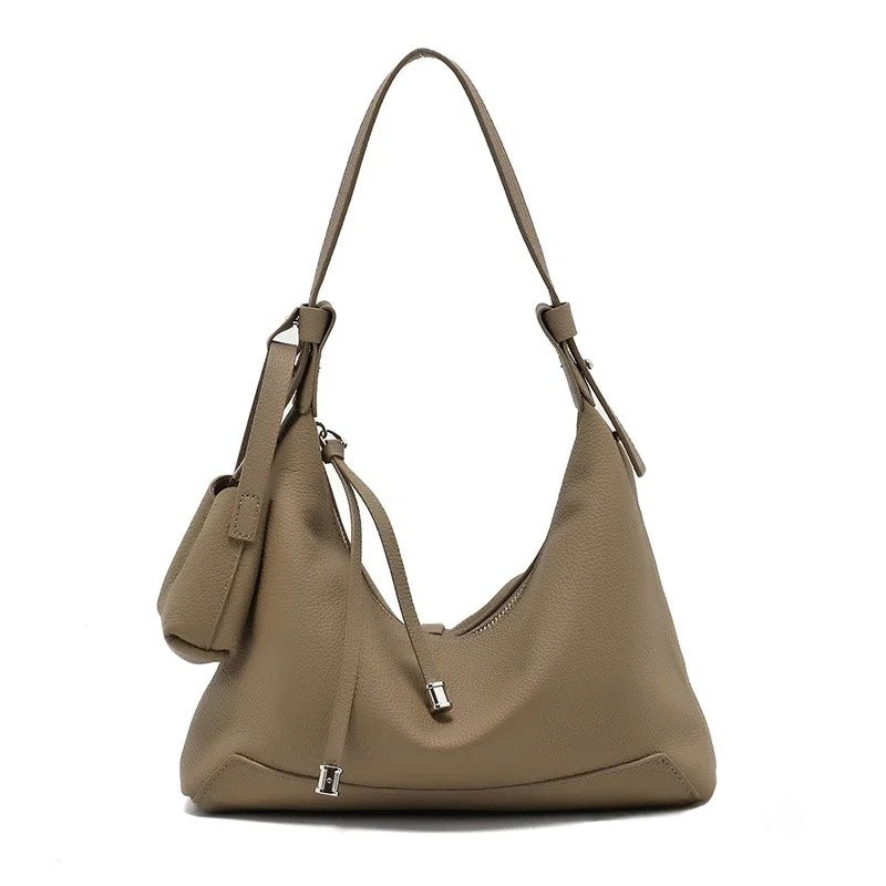 Metro Leather Hobo women's shoulder bag in taupe leather with textured finish and pouch attachment with silver hardware