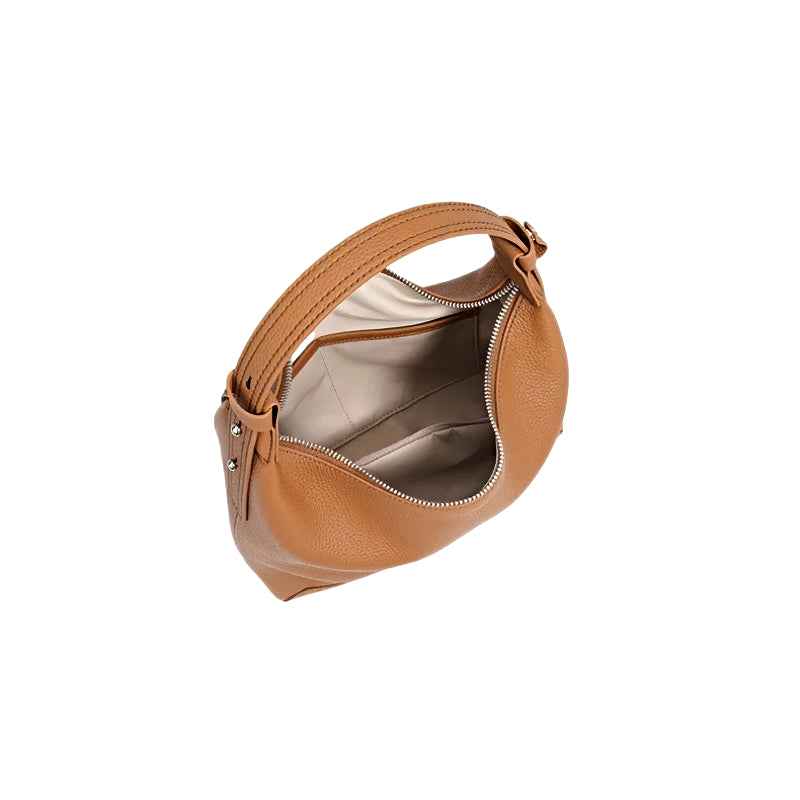 Metro Leather Hobo bag, women's shoulder purse in tan pebbled leather with silver zip top and open interior