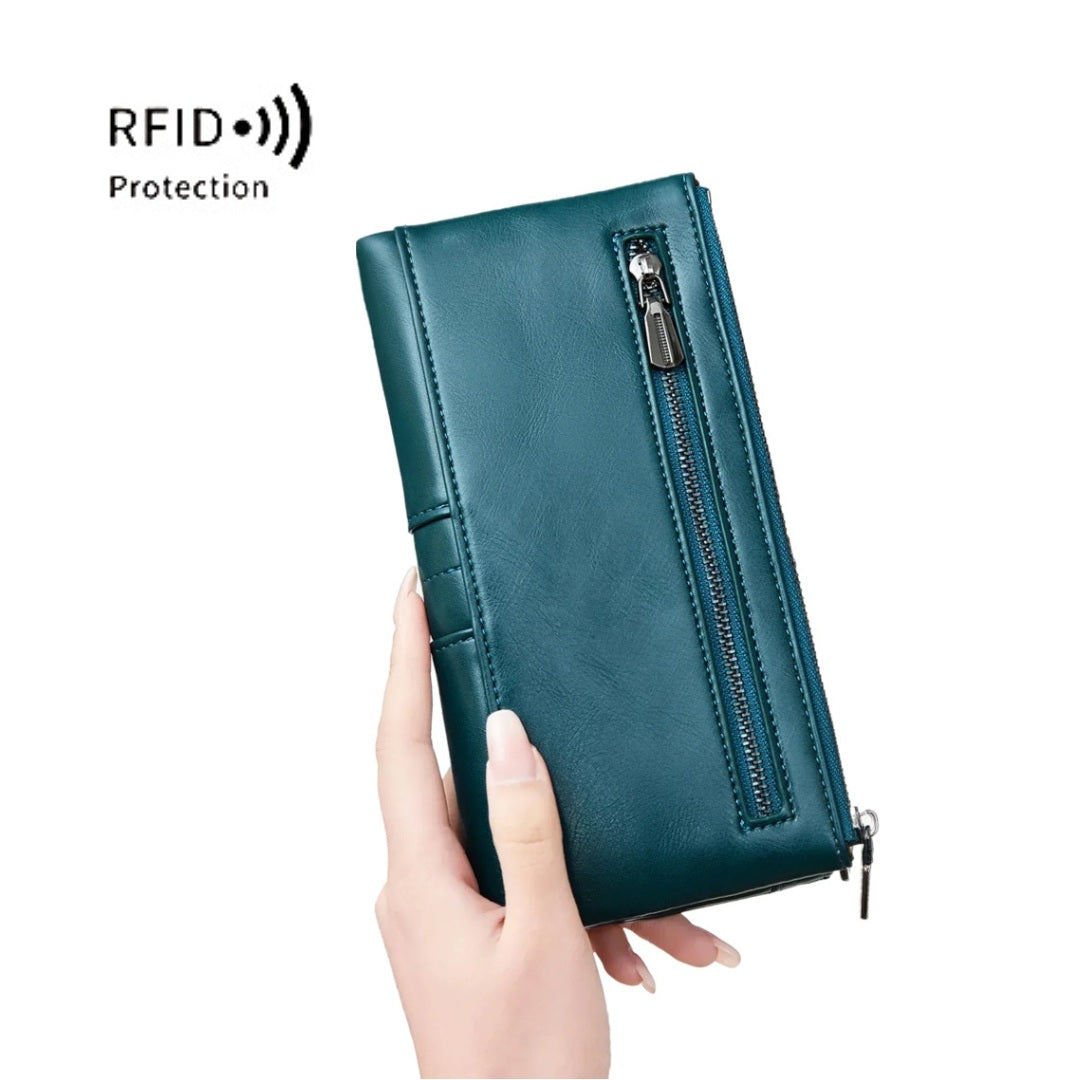 Luxury teal Metro RFID Clutch with luxury zip pocket and coin holder detail RFID blocking wallet