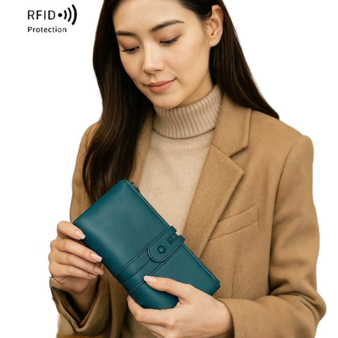 Luxury teal Metro RFID Clutch styled with outfit slim RFID blocking wallet