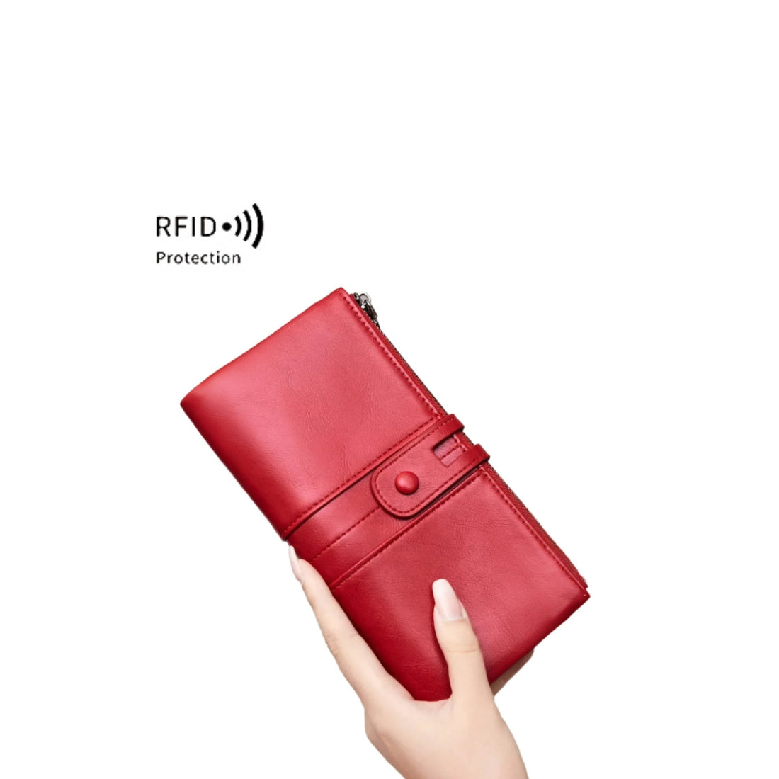 Luxury red Metro RFID Clutch with secure zipper and upscale hasp closure