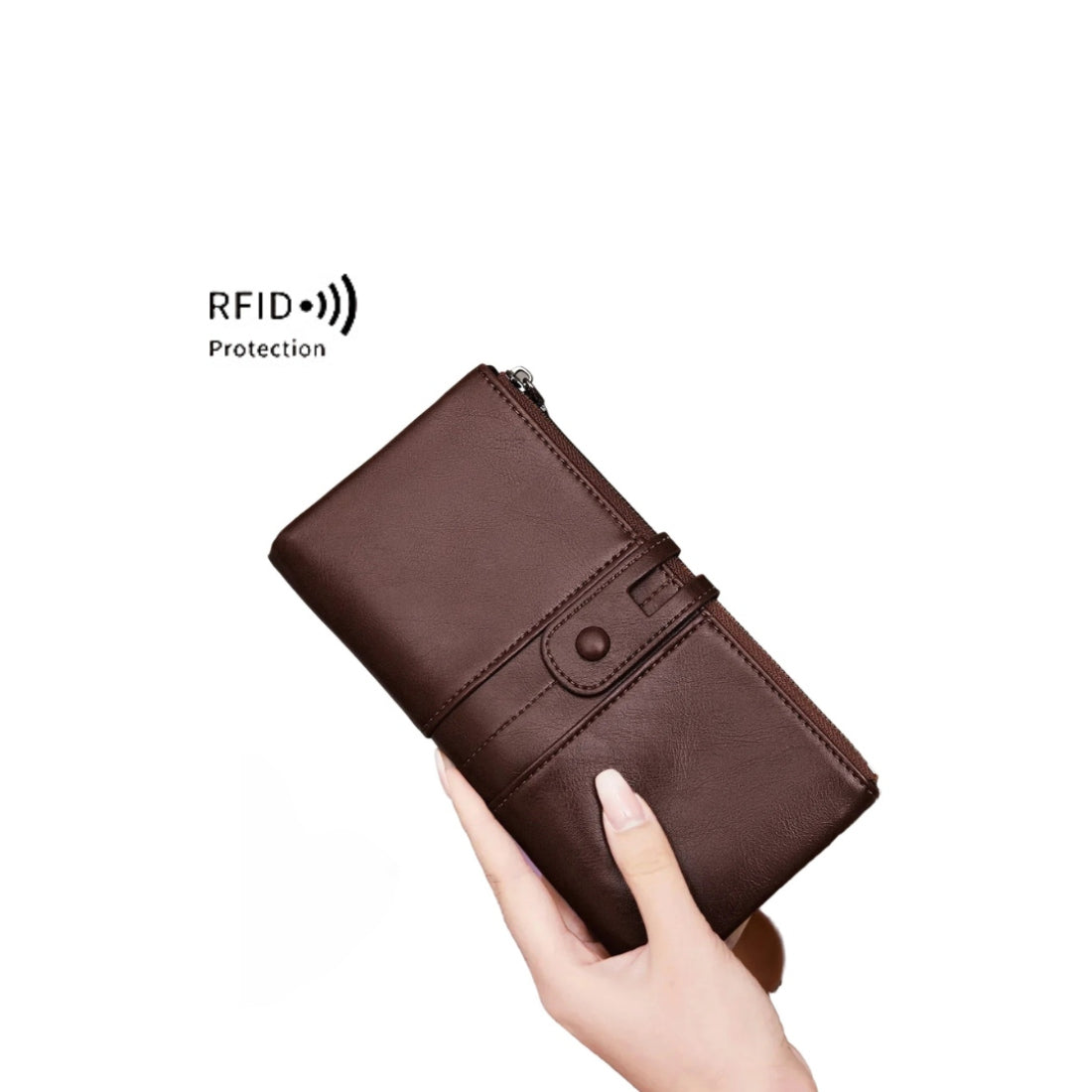 Luxury brown Metro RFID Clutch with secure zipper and upscale hasp closure