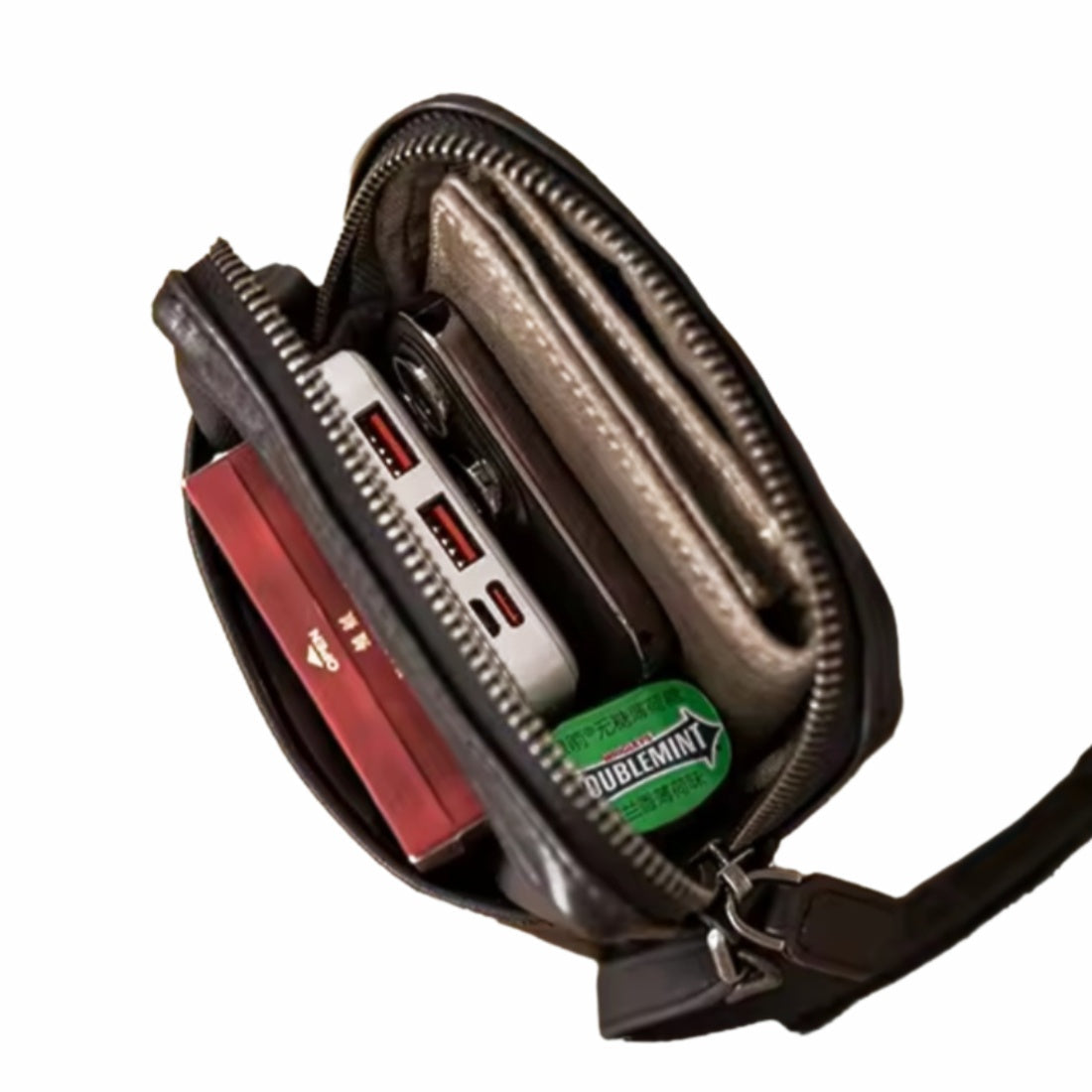 Metroline Carry coffee premium luxury leather slim crossbody top view with contents