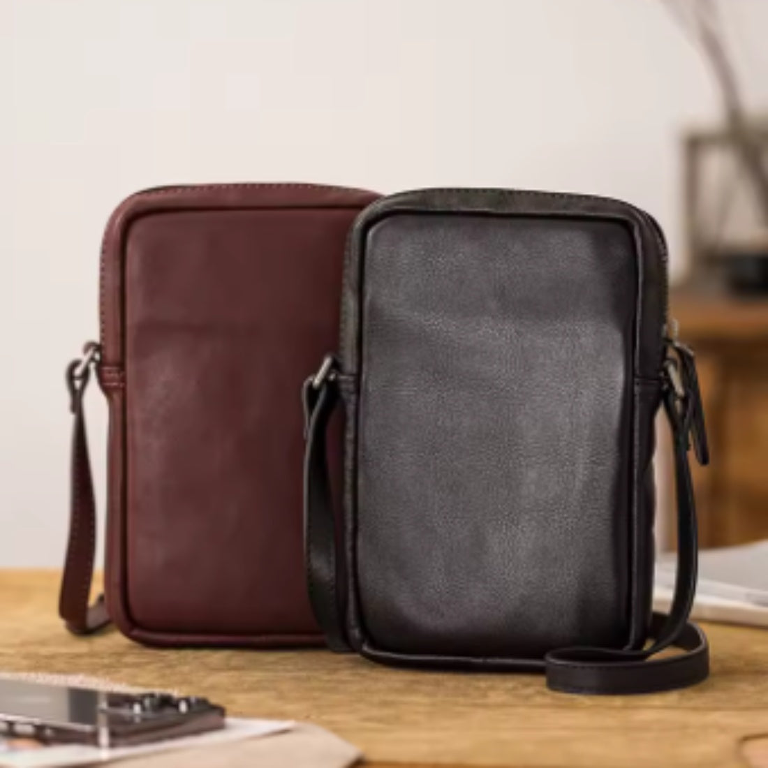 Metroline Carry brown and black compact luxury upscale leather crossbody with adjustable strap