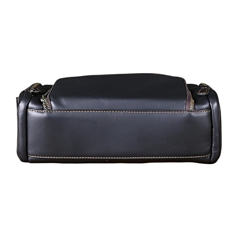 Black mens leather messenger crossbody bag with gold zipper bottom view metroline leather messenger