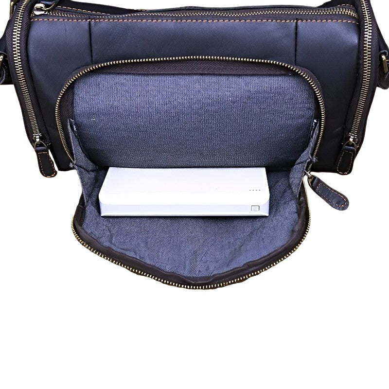 Black metroline leather messenger mens leather bag with a large zip pocket open