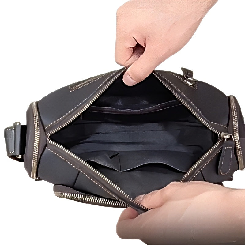 inside view of metroline leather messenger mens crossbody black leather bag