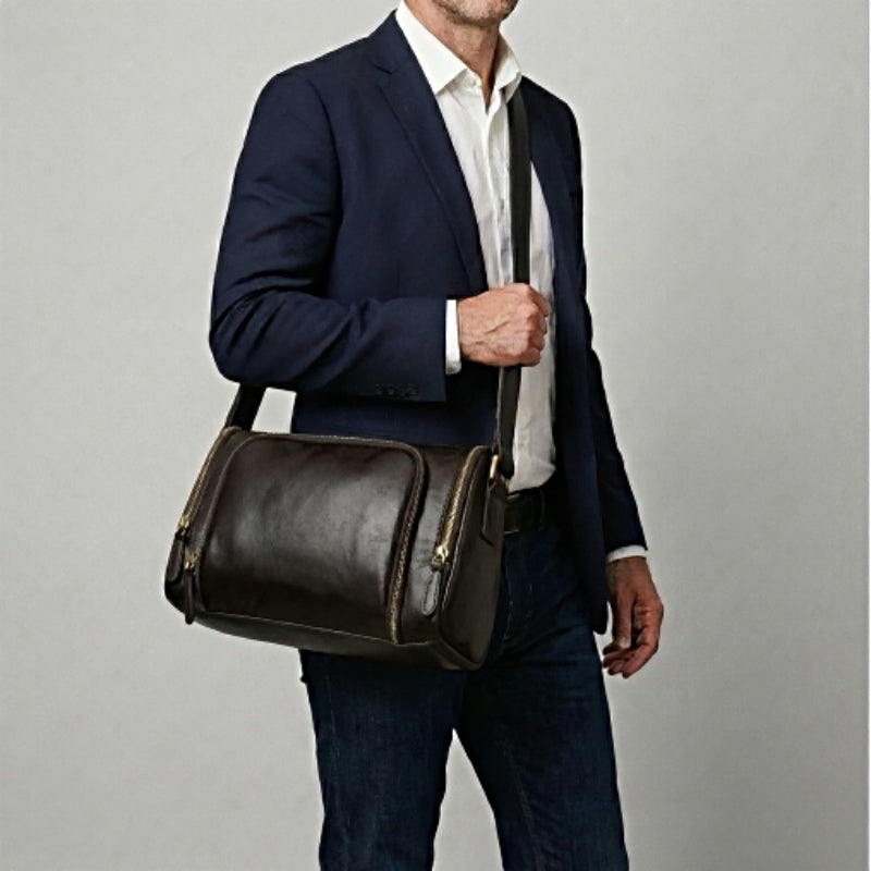 Man holding metroline leather messenger mens leather crossbody bag