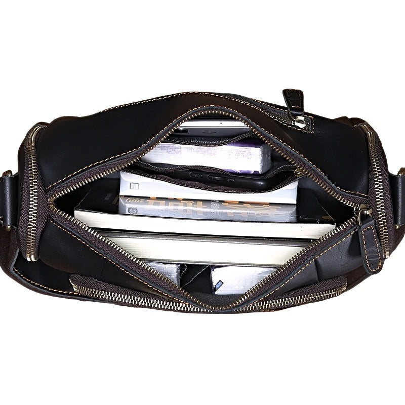 Black leather metroline leather mens crossbody bag with multiple zip pockets