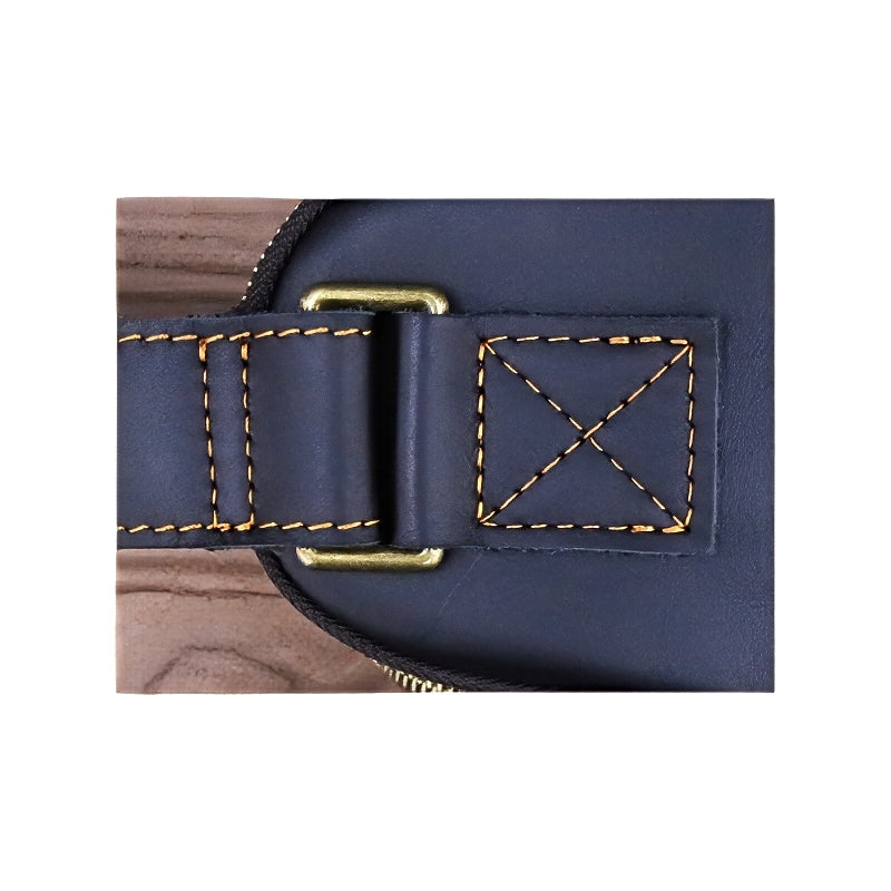 Close-up of metroline leather messenger black leather mens  crossbody with gold stitching and hardware