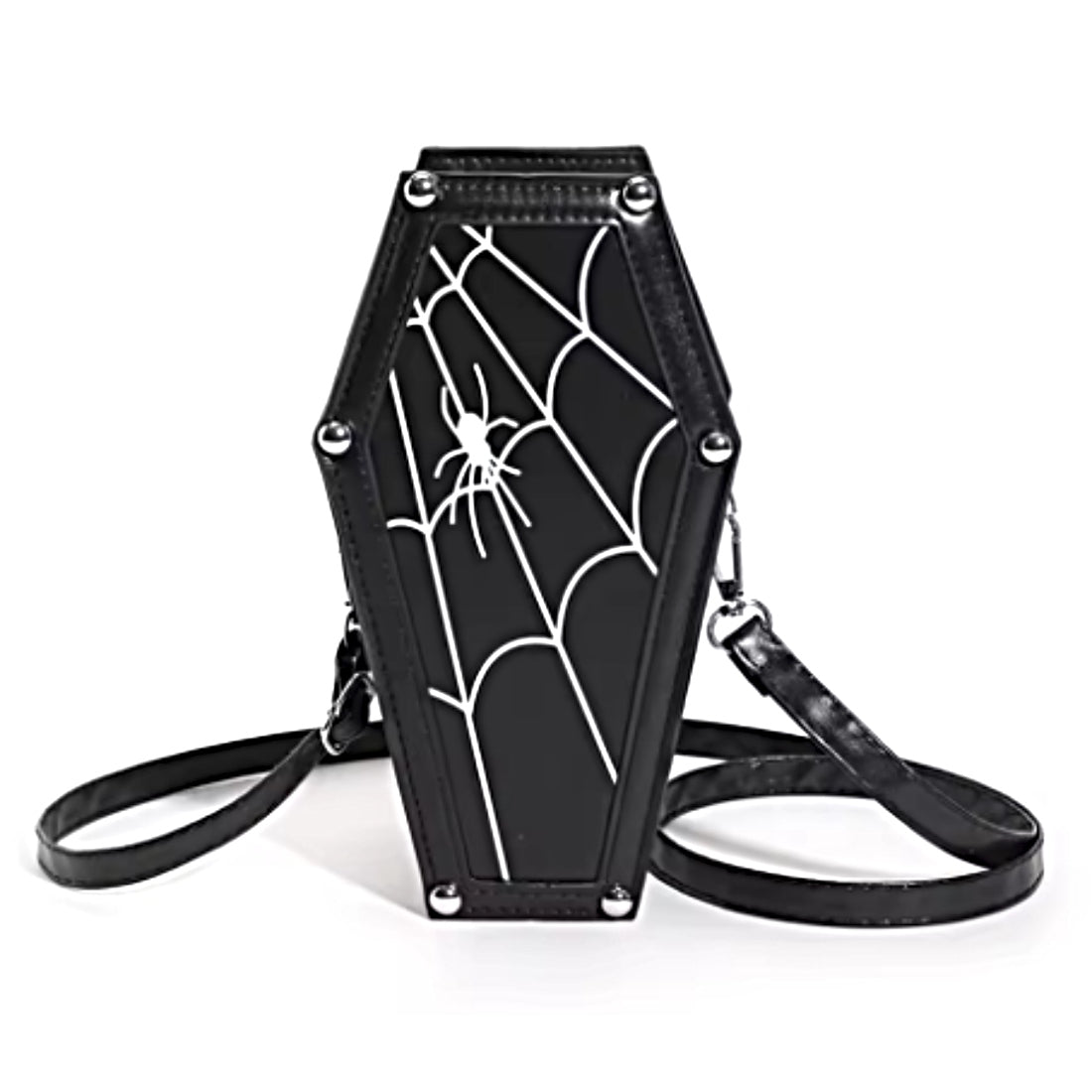 Midnight Edge Crossbody bag in black luxury vegan leather shaped like a coffin with gothic cross detail and metal stud accents featuring flap closure and adjustable strap showcasing bold unconventional design and durable premium construction for upscale standout everyday styling