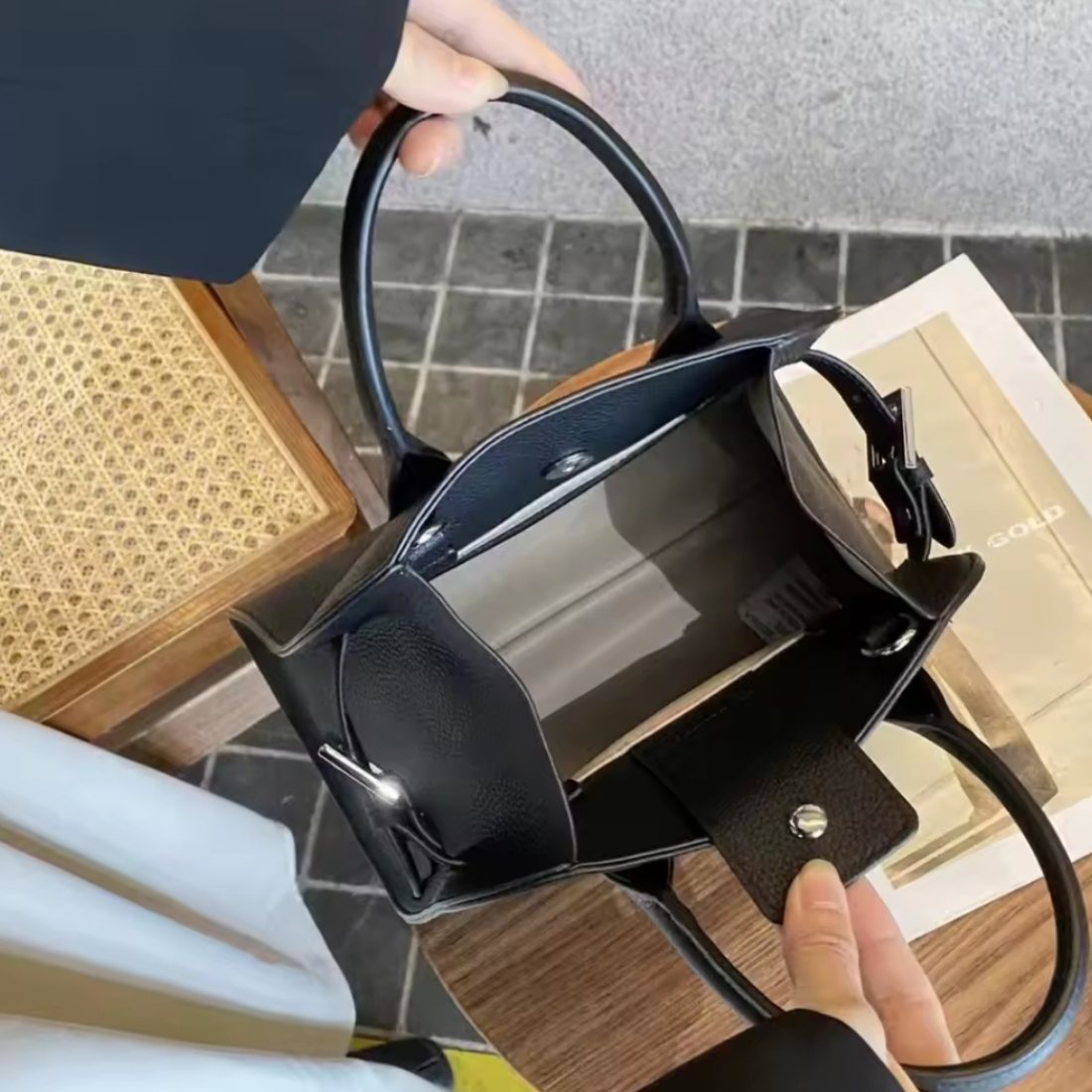 Modern Grace Tote upscale luxury leather bag interior view with spacious compartment