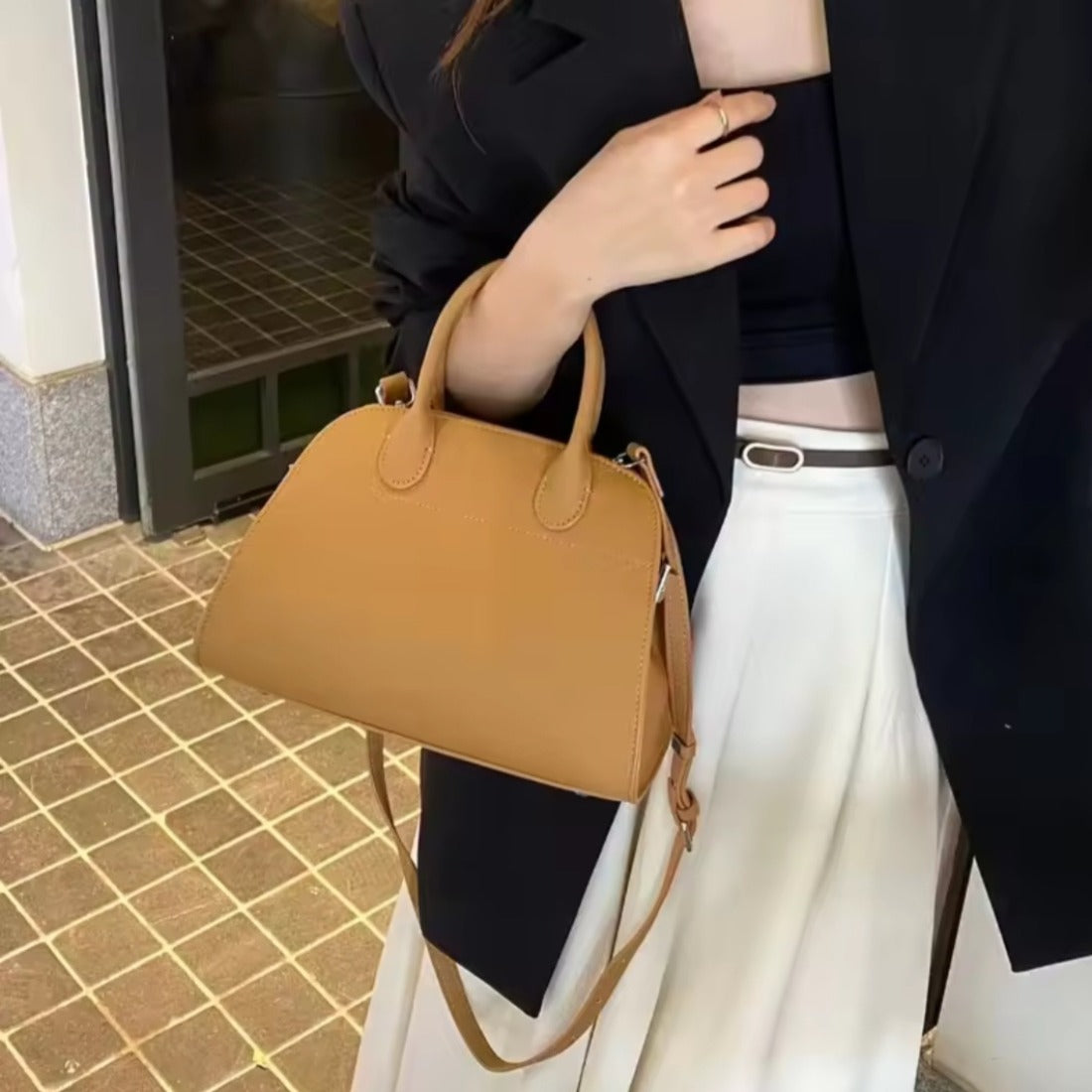 Modern Grace Tote camel premium luxury leather tote styled with elegant outfit