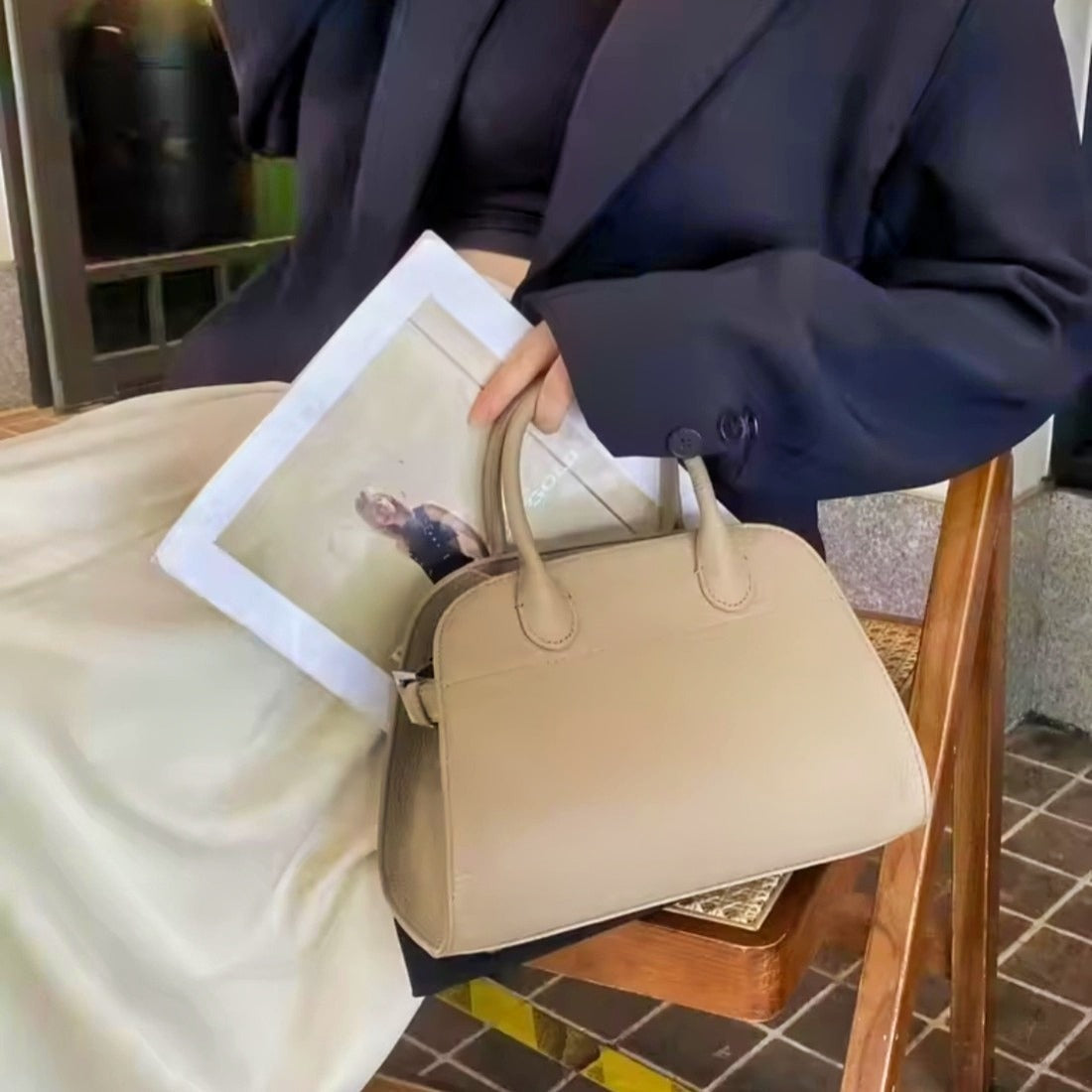 Modern Grace Tote khaki premium leather tote styled with outfit upscale handbag