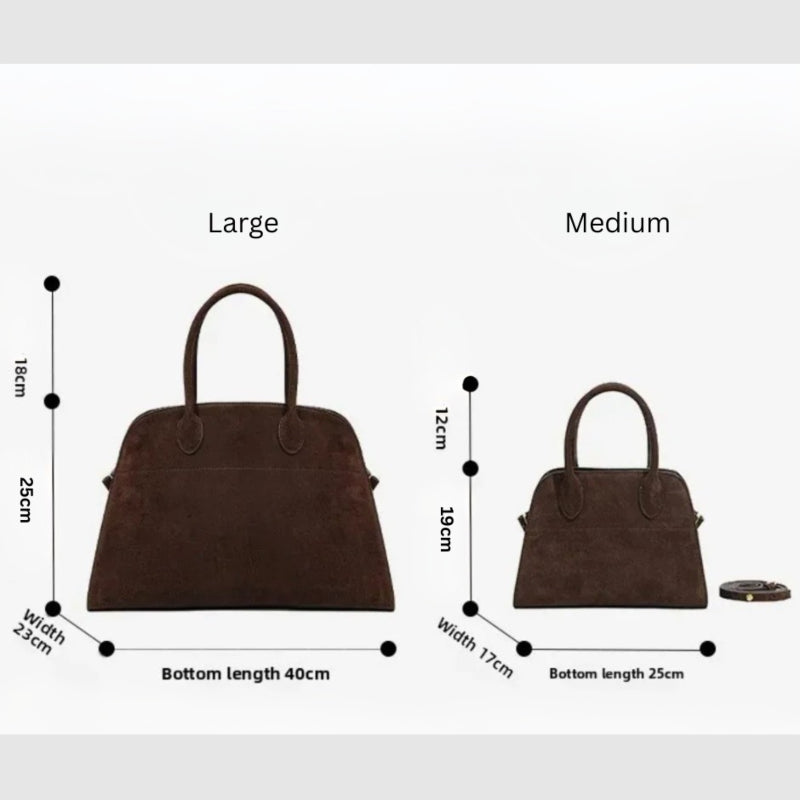 Comparison of large and medium modern grace tote in brown suede womens handbags with dimensions