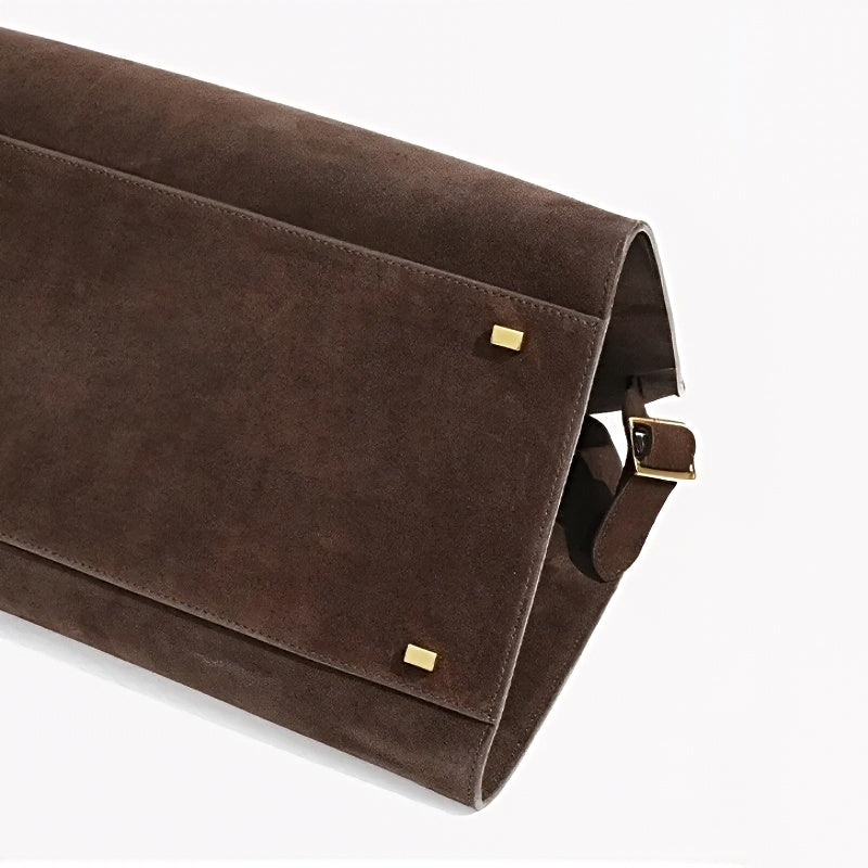 modern grace tote in Brown suede womens handbag with gold feet  rivets