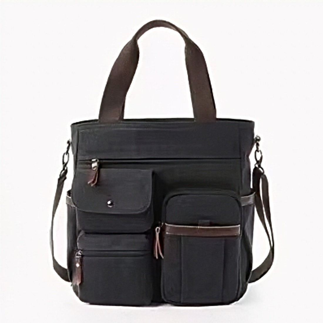 Nomad Utility Carry black canvas bag brown leather accents dual front flap pockets top handles adjustable shoulder strap zippered compartments mens utility tote