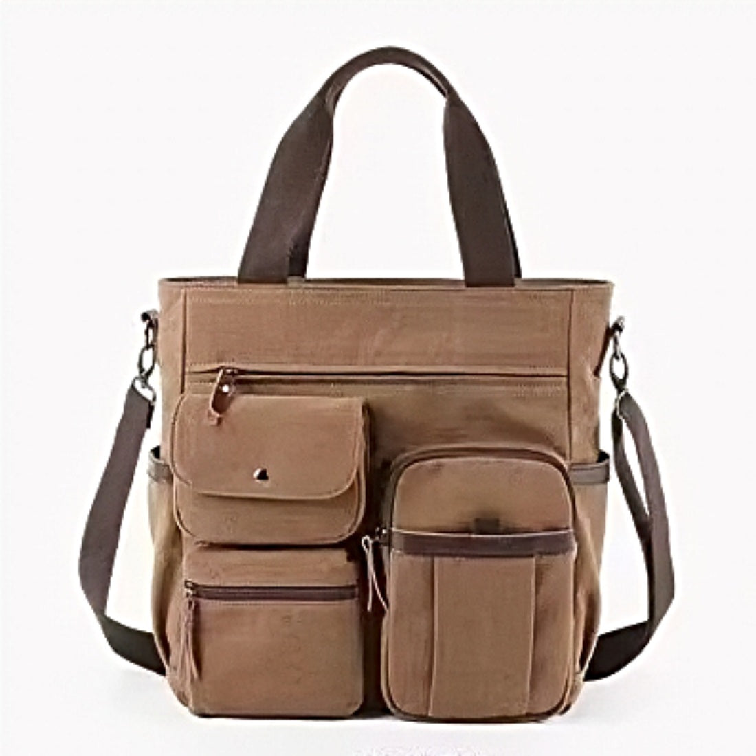 Nomad Utility Carry brown canvas bag leather accents dual front flap pockets zippered compartments top handles adjustable shoulder strap mens utility tote