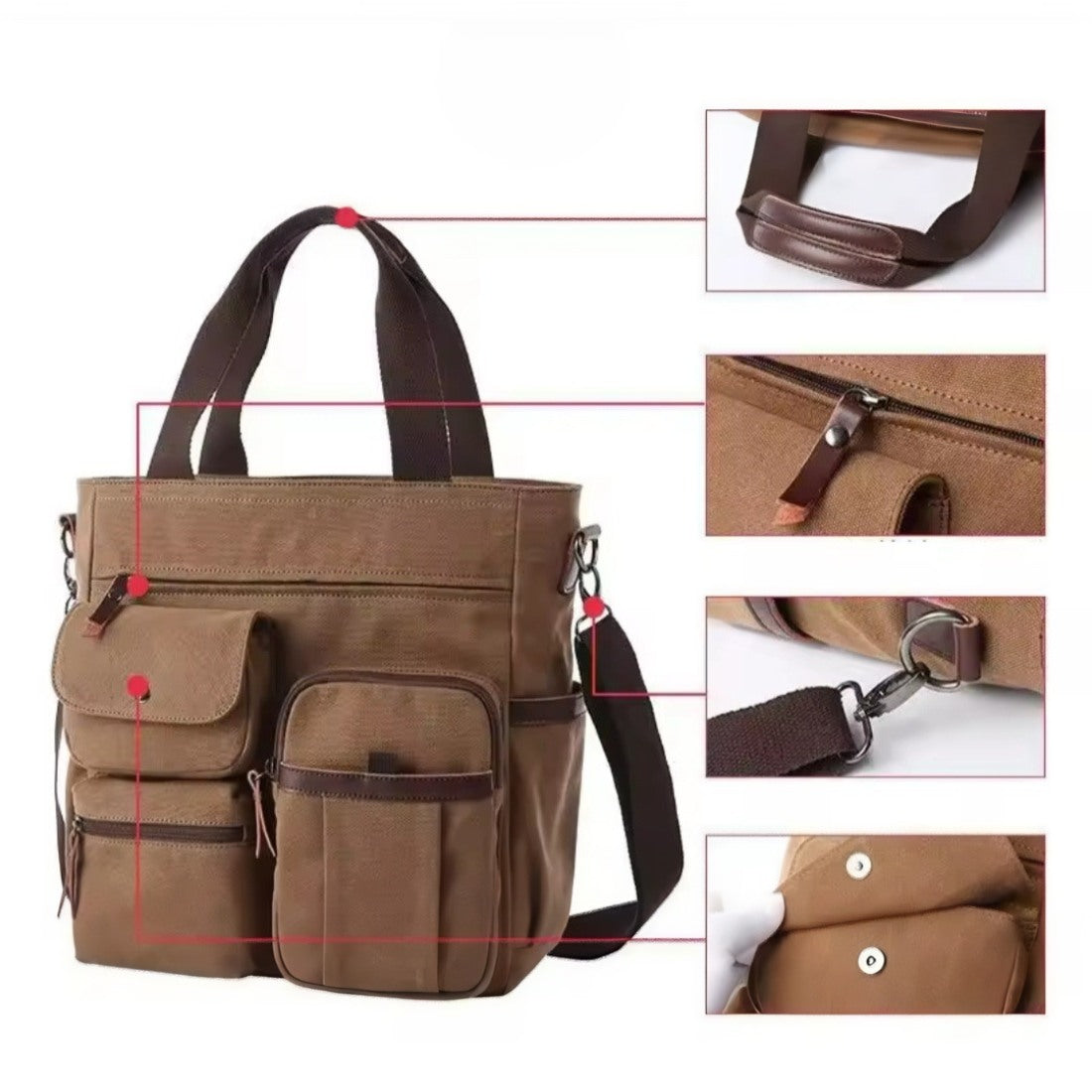 Nomad Utility Carry bag in durable brown canvas with leather accents shown in full view and five close ups highlighting handle stitching zipper pull tab metal clasp button closure and snap pocket showcasing premium construction rugged detailing and versatile everyday functionality