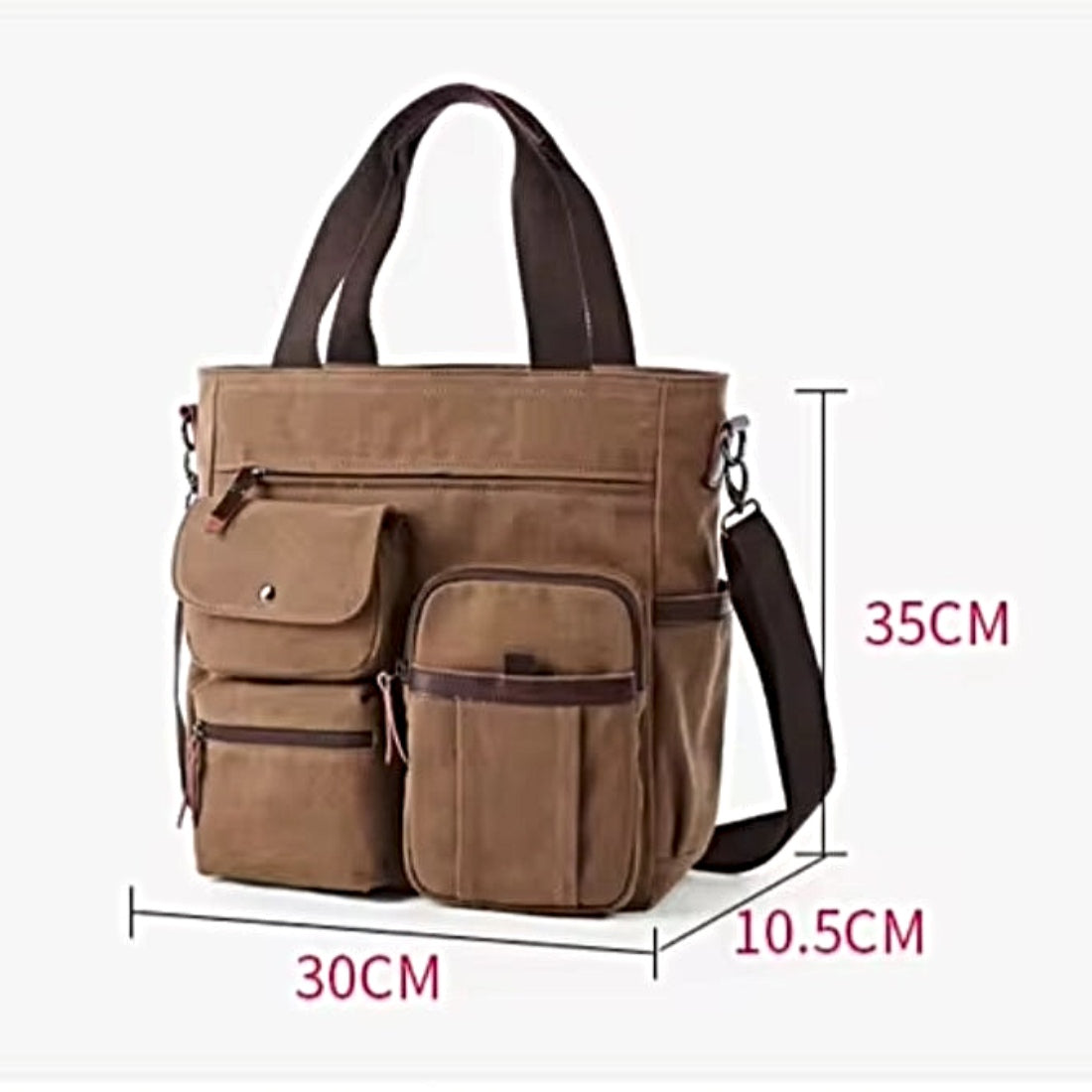 Nomad Utility Carry bag in brown canvas with leather accents shown with labeled dimensions featuring dual top handles detachable adjustable shoulder strap and multiple compartments showcasing durable premium construction and rugged upscale versatility for everyday carry