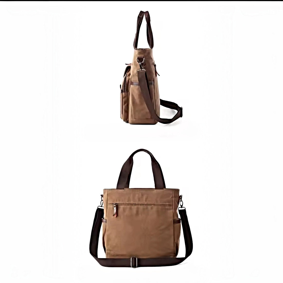 Nomad Utility Carry bag in brown canvas with straps shown in two views side profile with adjustable shoulder strap and front view with zippered pocket and dual top handles displayed against white background showcasing durable premium construction and rugged upscale versatility for everyday carry